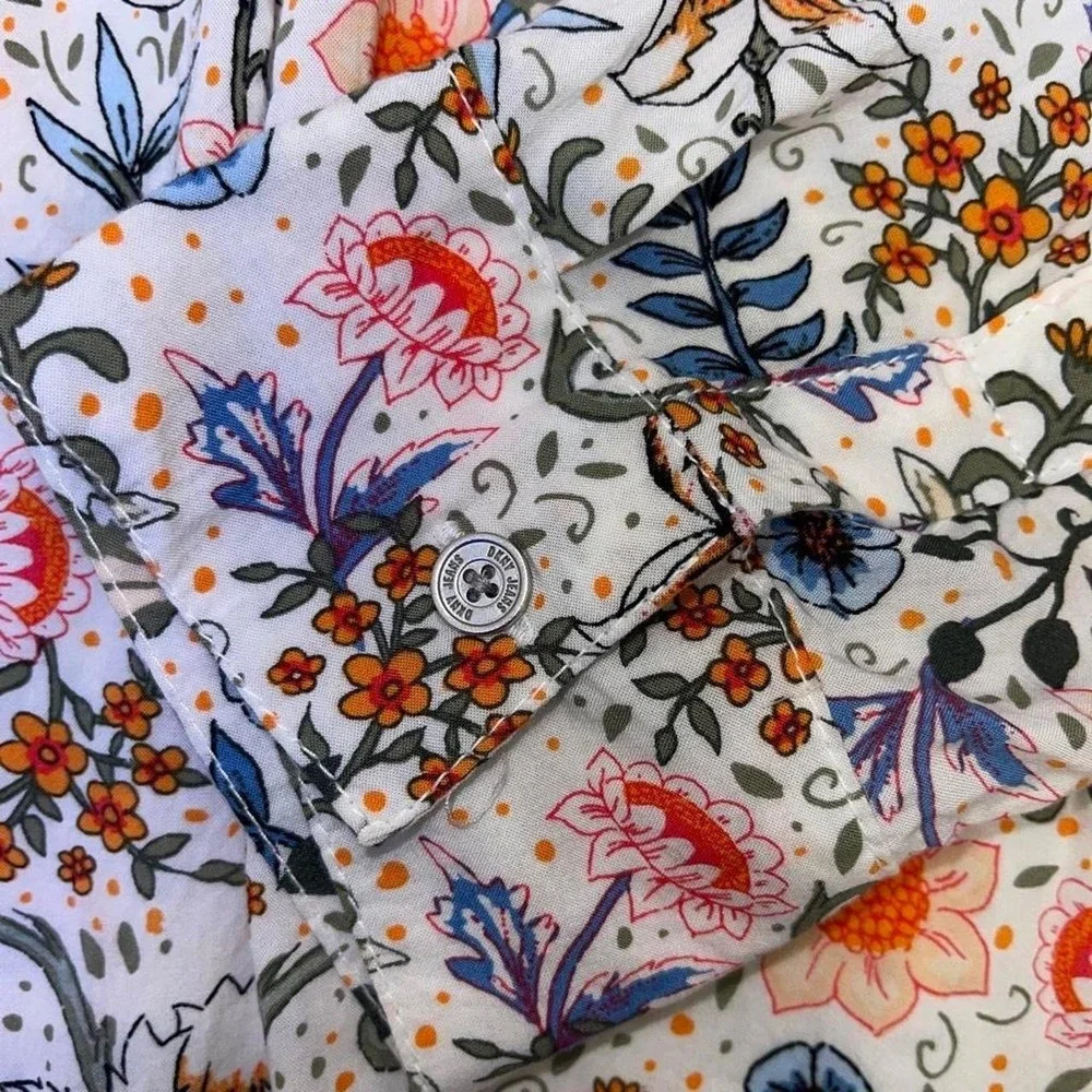 DKNY Jeans Womens Floral V-Neck Blouse Long Sleeve Orange Blue White Top L - Picture 3 of 4